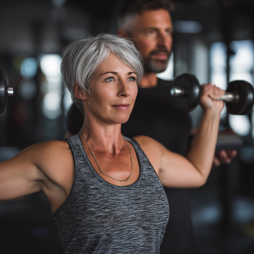 Experienced 50 years old woman performing strength training with professional guidance in modern fitness facility