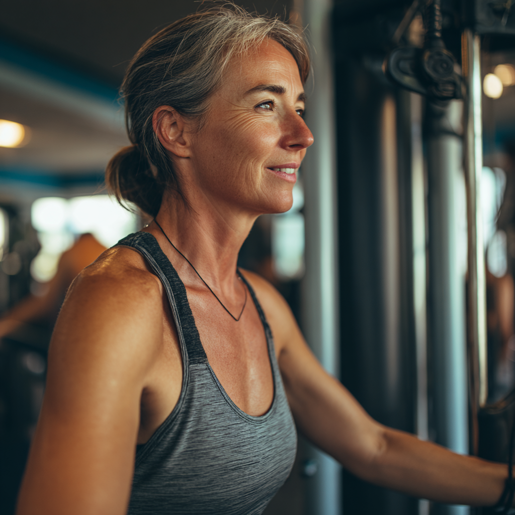 Mature 51 years old woman working out with personalized fitness equipment in welcoming gym environment